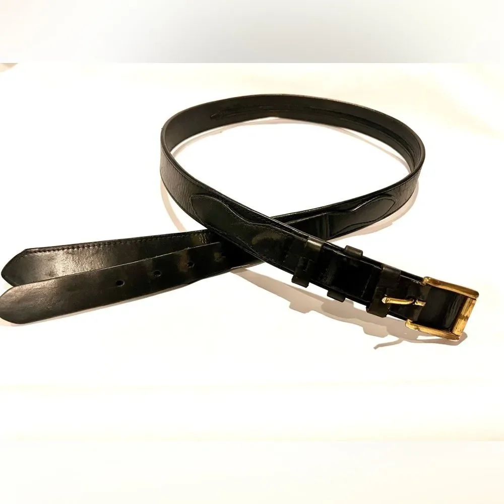 Western Black Leather Money Belt Sz 36 Hidden Zipper Compartment & Gold Buckle